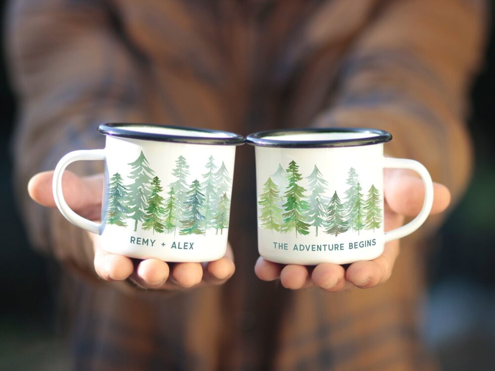 Engagement Gifts Wedding Custom Mug, Personalized Forest Camping Rustic Mountain, Winter Holiday Pine Tree Fall Beer Or Coffee Cup - 11Oz