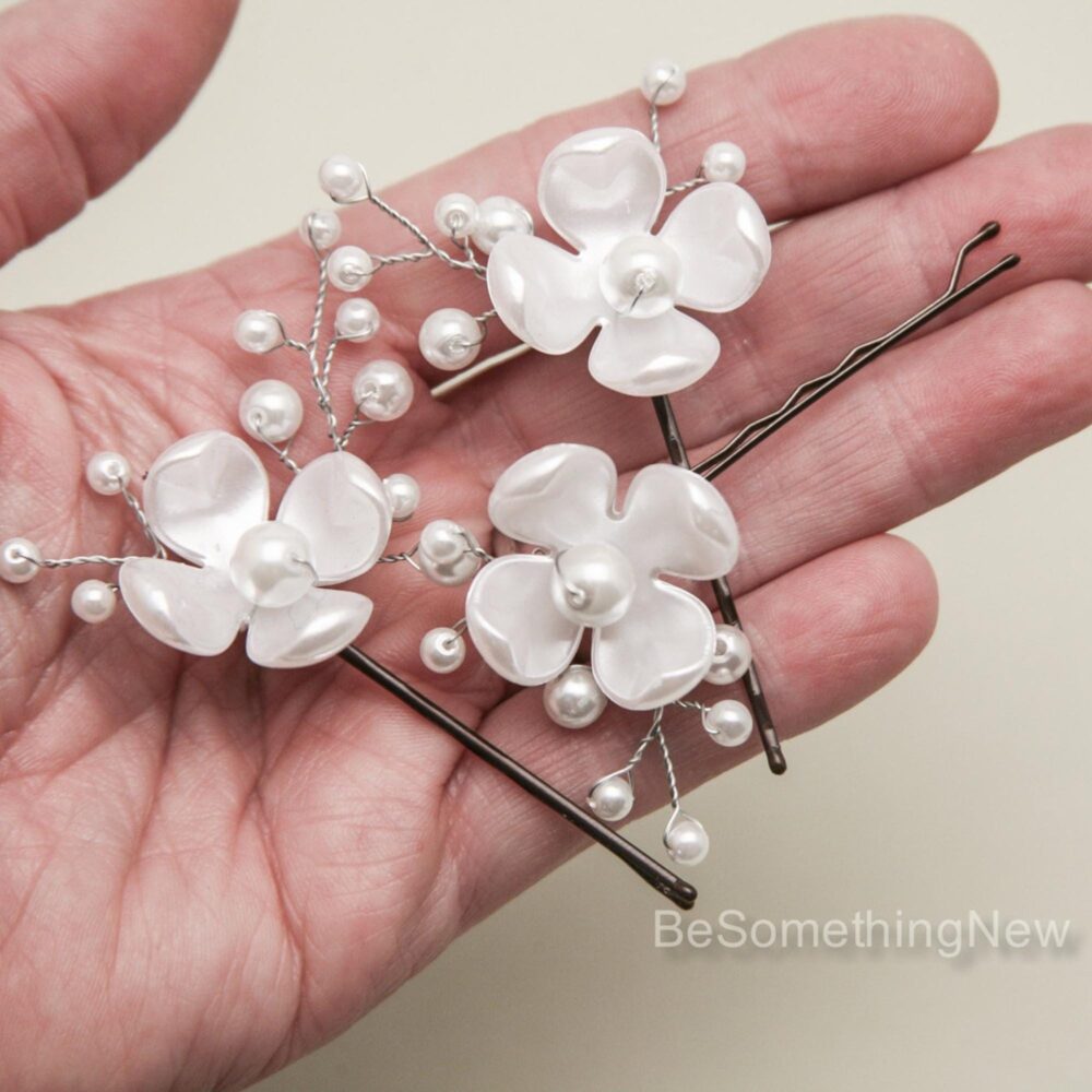 Pearl Flower Wedding Hair Pins Bridal Headpiece, Set Of 3