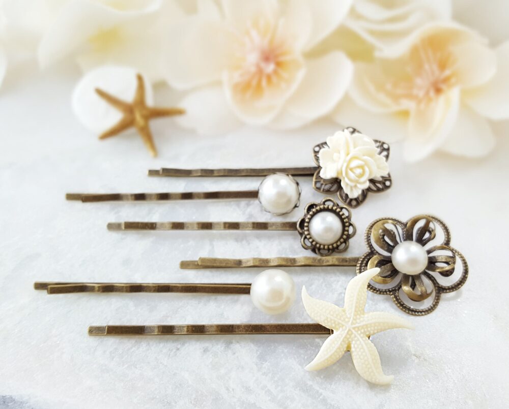 New Starfish Wedding Hair Pins, Beach Bobby Pin Set Of 6 White Pearl Decorative Hairpins, Ivory Bridal Accessory, Party Gift H4238
