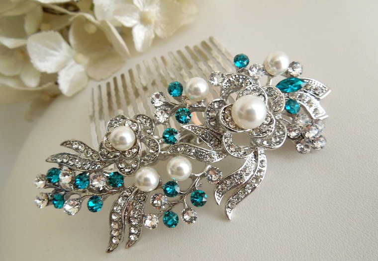 Bridal Rhinestone Hair Comb Wedding Rose Swarovski Crystals Something Blue Rosse