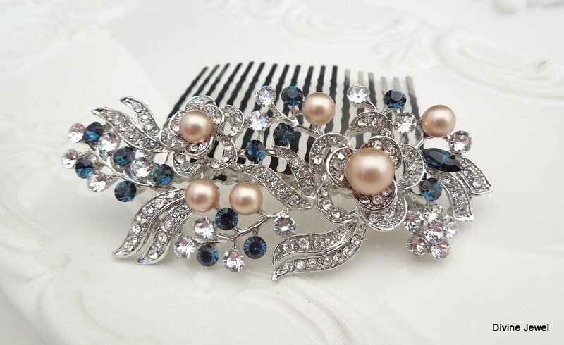 Bridal Rhinestone Hair Comb Wedding Champagne Pearl Swarovski Crystals Something Blue Rosse