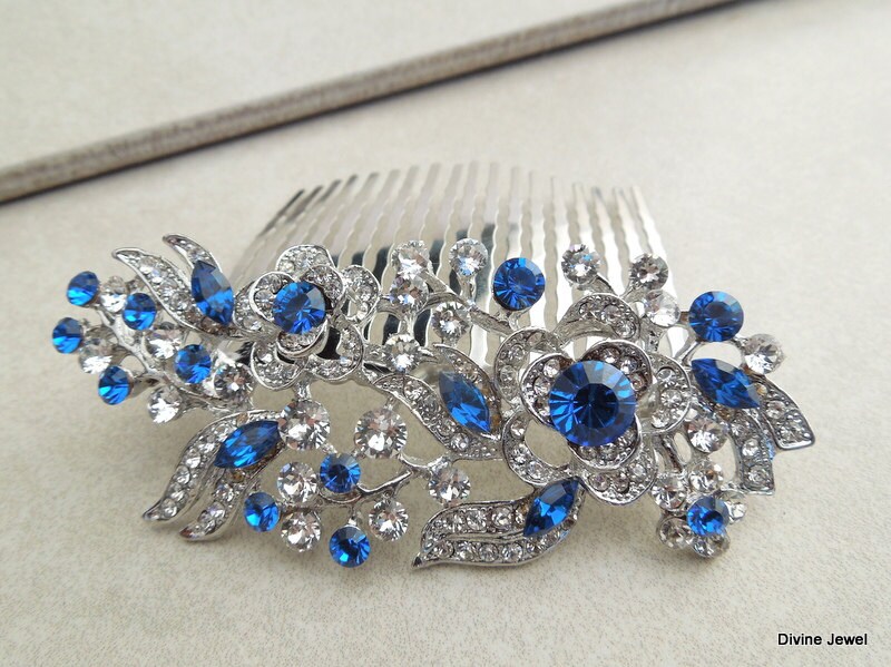 Bridal Rhinestone Hair Comb Wedding Leaf Rose Vintage Style Hair Comb Something Blue