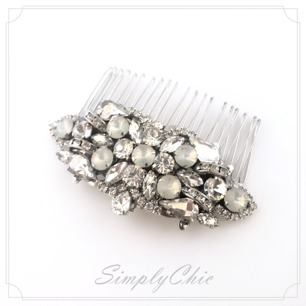 Wedding Rhinestone Hair Comb, Clear White Opal Crystal Comb, Victorian Style Accessories, Trending 2020