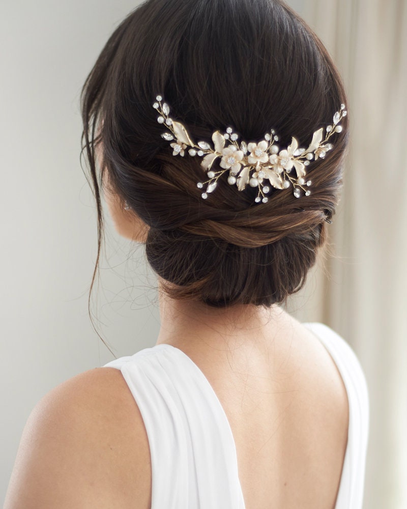 Floral Wedding Back Piece, Pearl Bridal Comb, Hair Accessory, Crystal Rhinestone Gold Comb ~Tc-2326