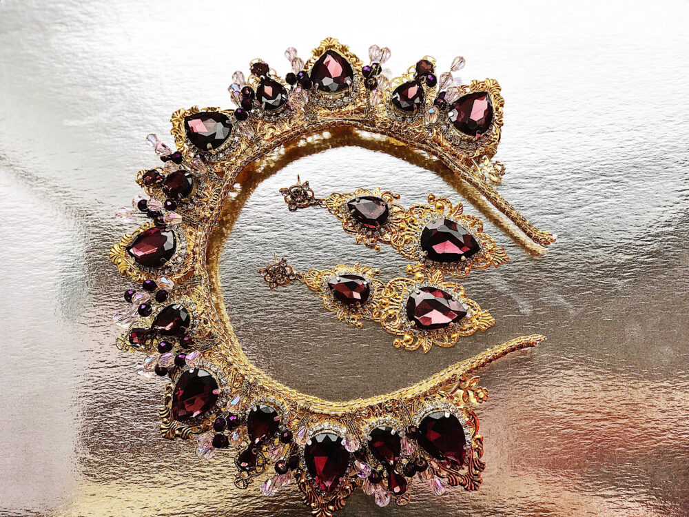 Wedding Crown Rhinestone Tiara Bridal Hair Accessory Headpiece Pageant Bride & Groom To Be Female Earrings Gold Deep Red Burgundy Birthday