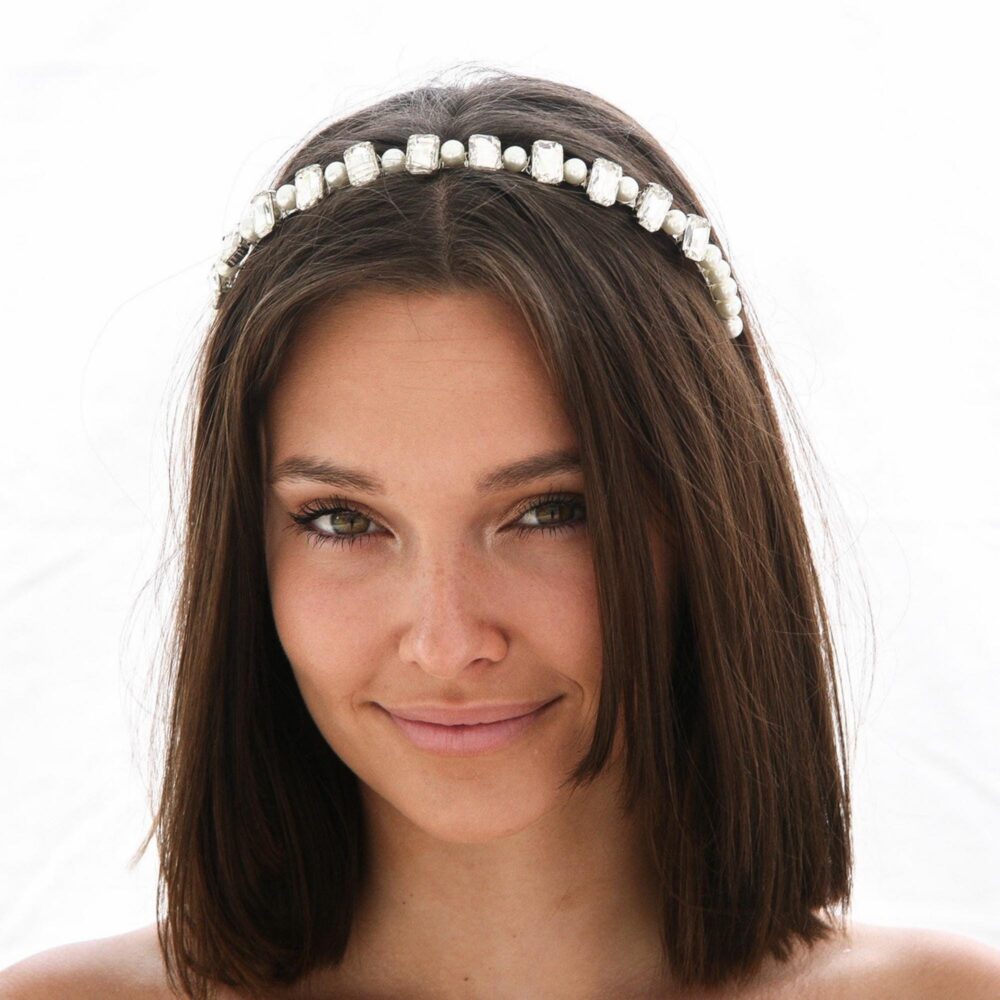 Rhinestone Pearl Wedding Headband Square Crystal Bridal Tiara