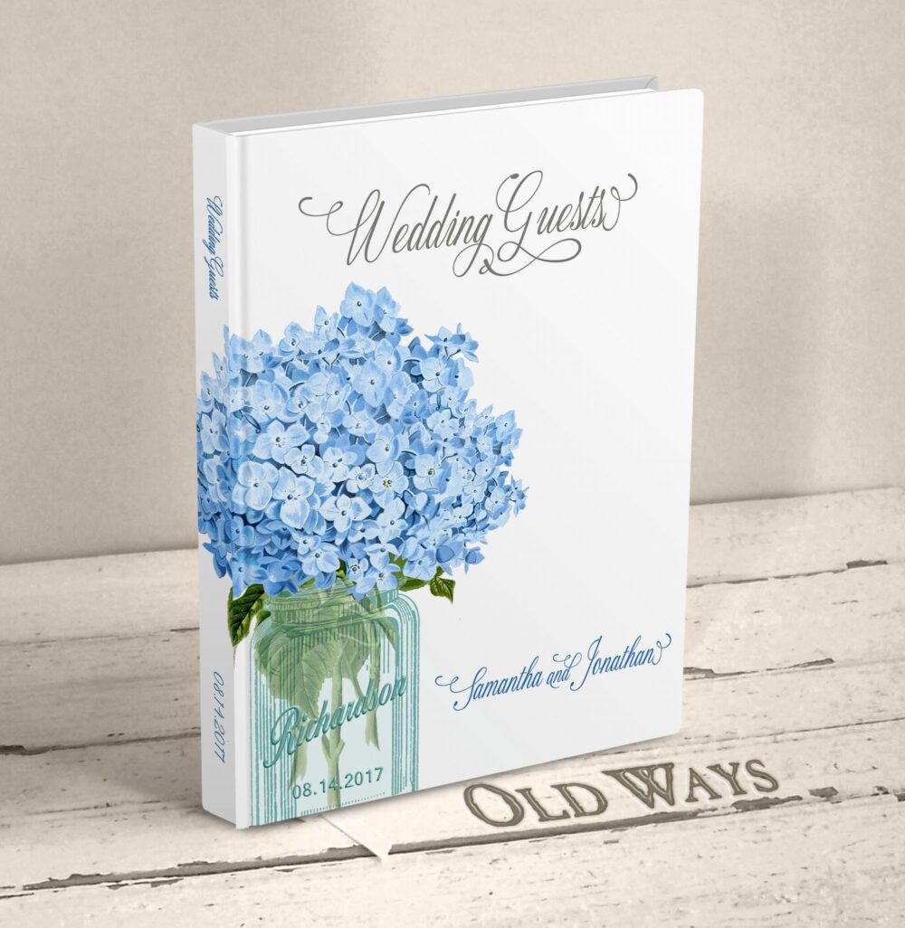 Mason Jar Wedding Guest Book - Blue Hydrangea Flowers Personalized Hardcover