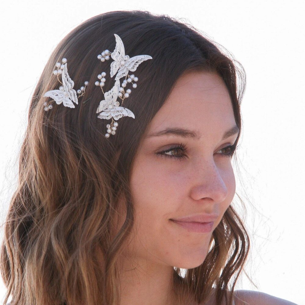White Metal Butterfly Hair Pins Beaded Pearl Boho Wedding Set