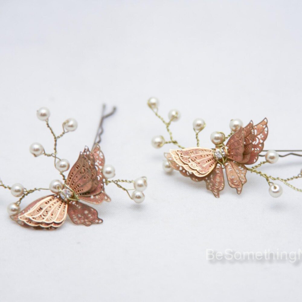 Wedding Butterfly & Champagne Pearl Hair Pin Set, Brass Bobbie Pins