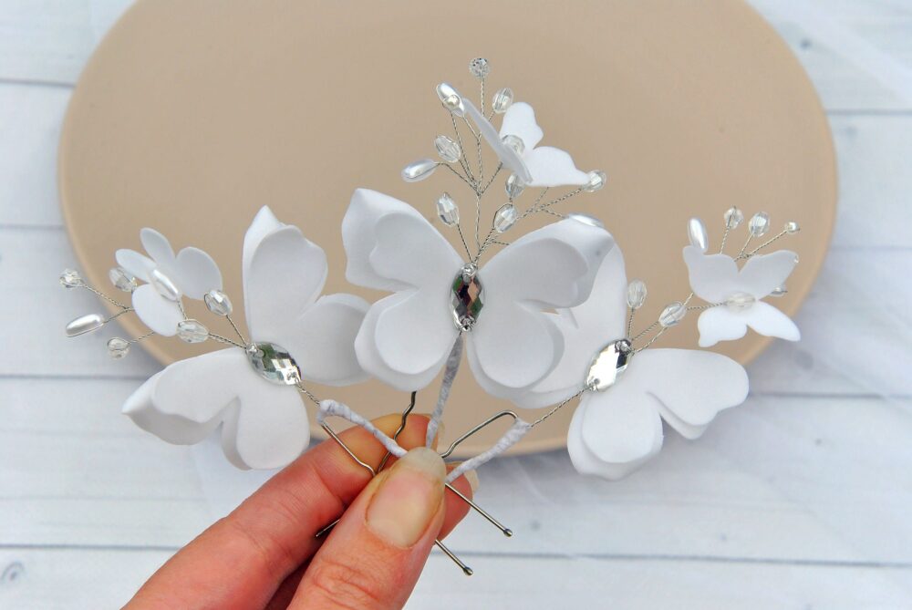 Butterfly Hair Pins White Bridal Piece Wedding Monarch Butterfly Pearl Crystal