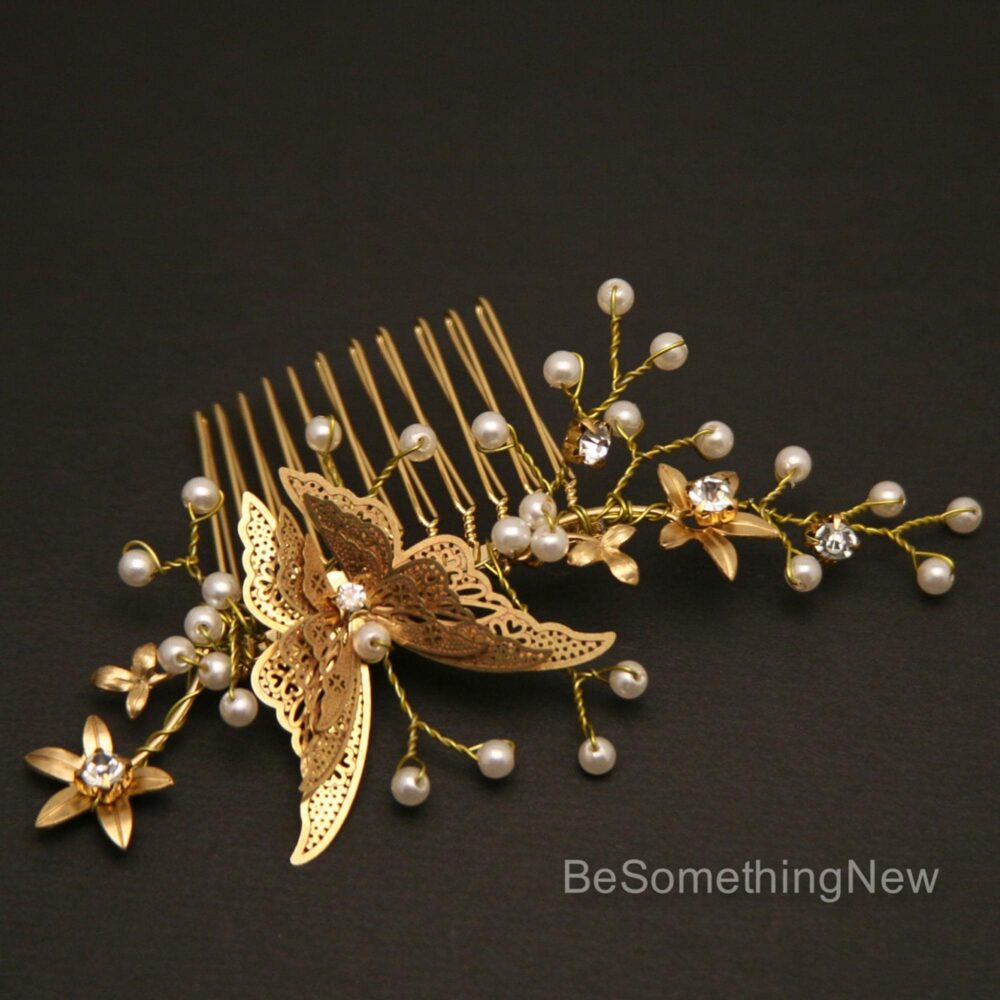 Gold Butterfly Hair Comb Beaded Boho Wedding Accessory