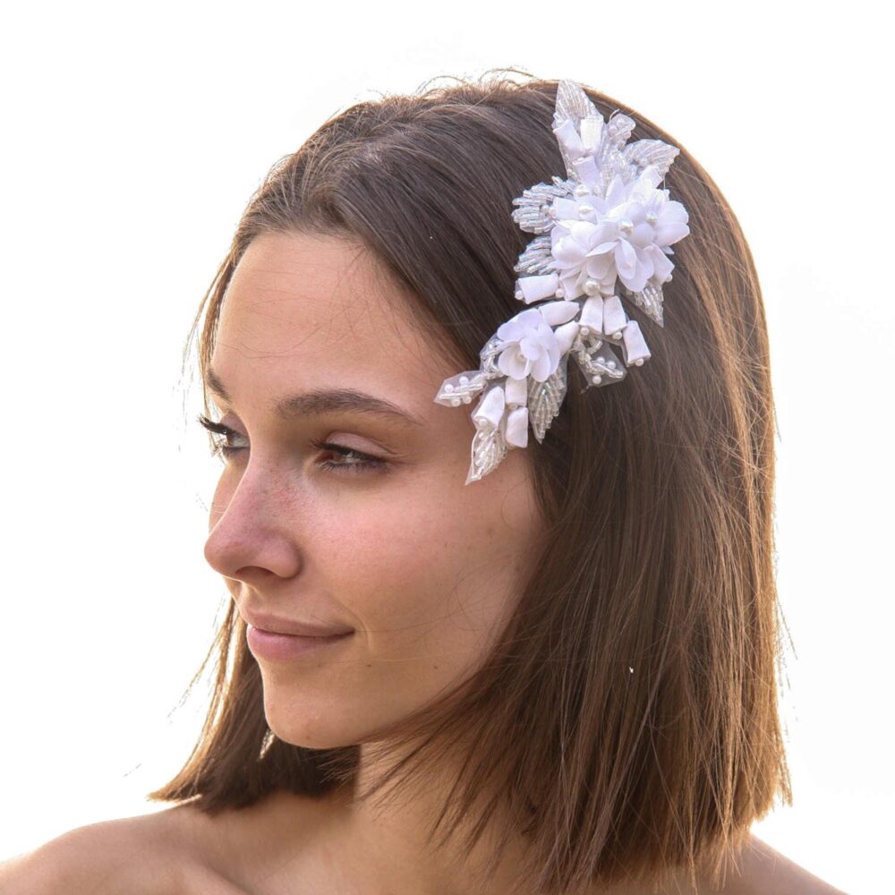 Bridal Beaded Hair Comb White Floral Lace, Pearl & Crystal Wedding Headpiece