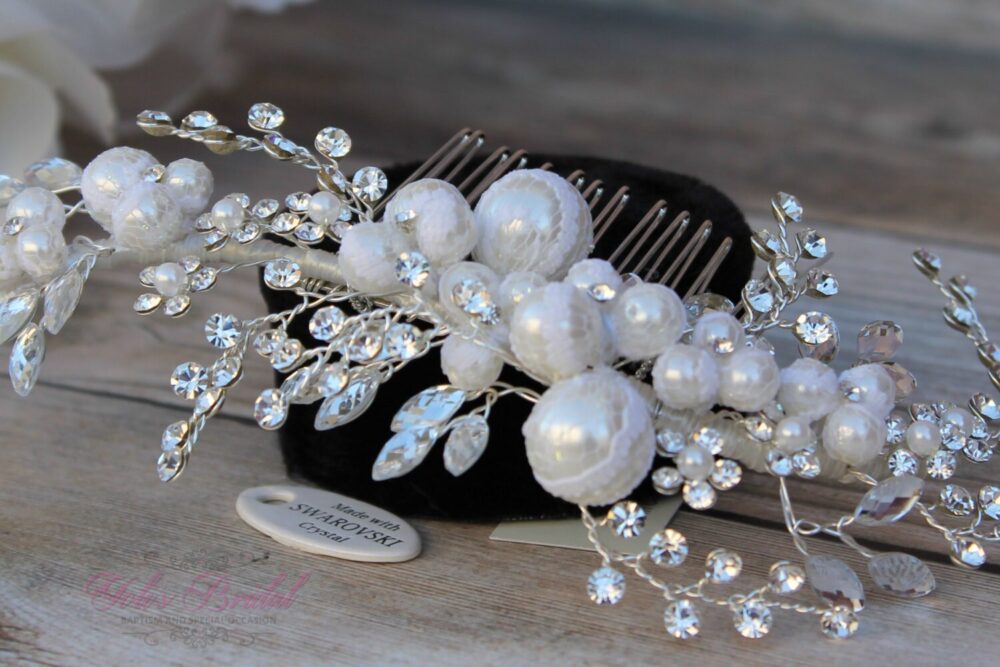 Swarovski Hair Comb, Pearl & French Lace Comb, Crystal Bridal Wedding Comb