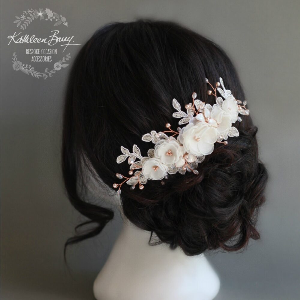 Floral Lace Rose Gold Bridal Hair Veil Comb, Luxury Handmade Flowers, Crystals & Pearls, Wedding Accessories Style Lee
