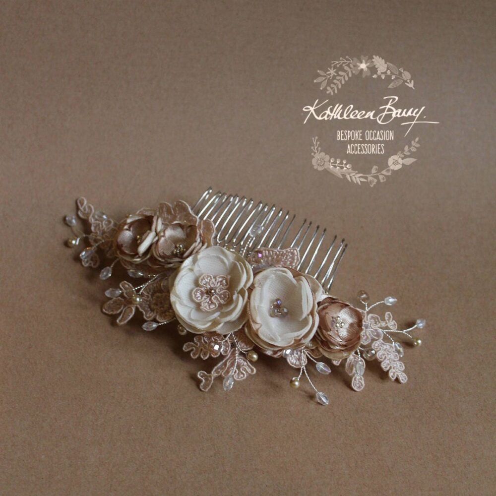 Floral Cafe Latte Lace Bridal Hair Veil Comb, Luxury Handmade Flowers, Crystals & Pearls Wedding Accessories Style Linda