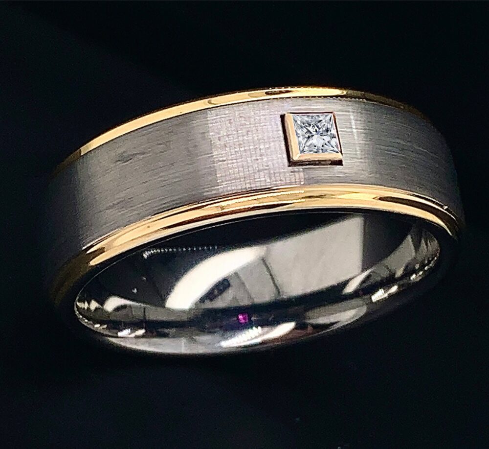 Tungsten Wedding Band Mens Diamond Ring, Yellow Gold Inlay