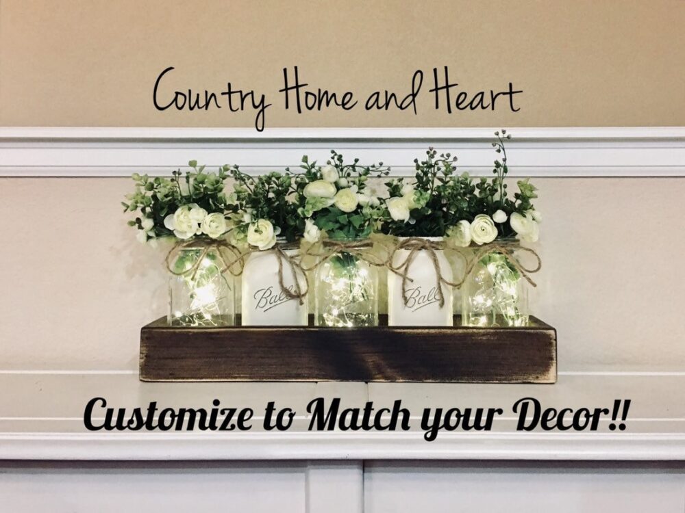 Dining Table Centerpiece, Spring, Wedding Decor, Farmhouse Living Room Mason Jar Jars, Rustic Home Mantle
