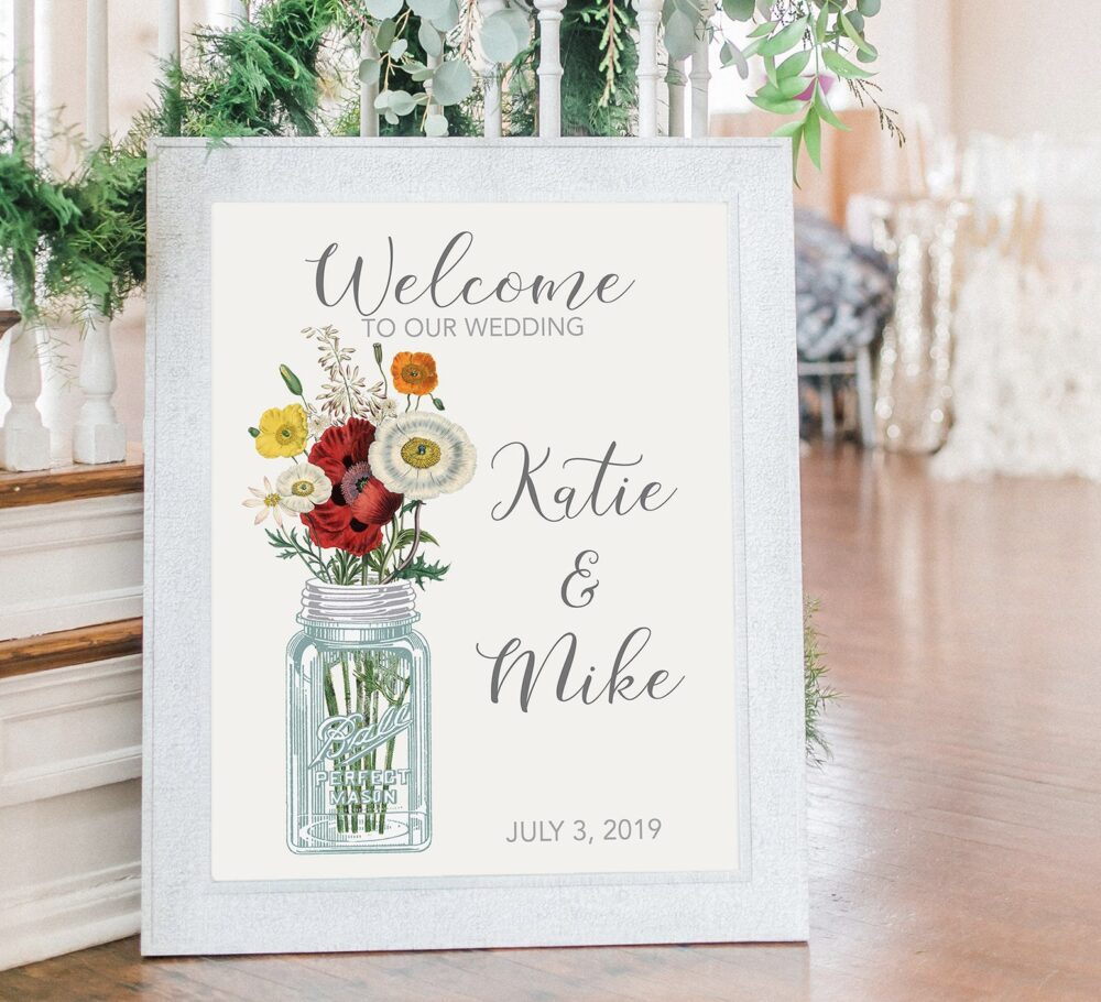 Mason Jar Wedding Sign, Rustic Welcome Sign, Mason Jar Wedding Decor