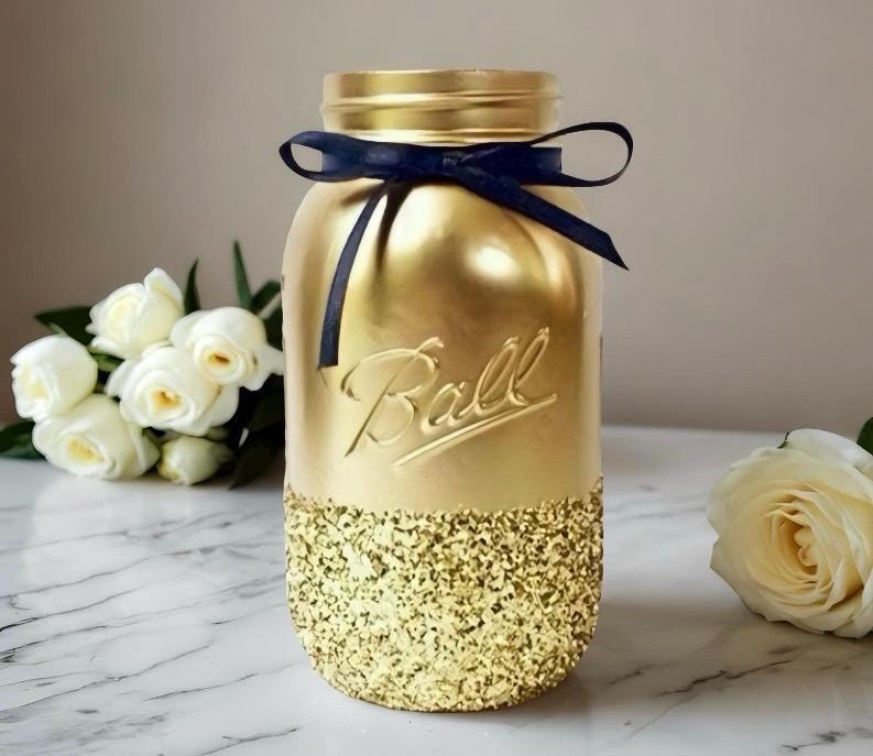 Gold Glitter Mason Jar Wedding Centerpiece Decor