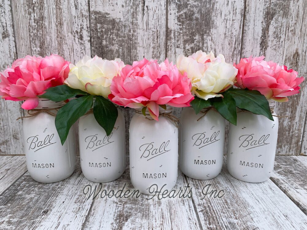 Wedding Decor Mason Jar Head Table Distressed Ball Quart Centerpiece Bridal Baby Shower White Gray Pink Peony/Hydrangea Flower Optional