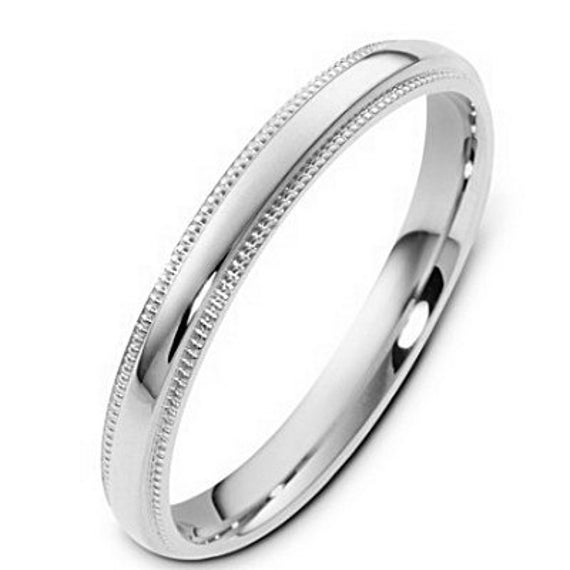 3mm 10K 14K 18K Solid White Gold Wedding Bands, Dome Rings, Plain Milgrain Mens & Womens Polished, Comfort Fit