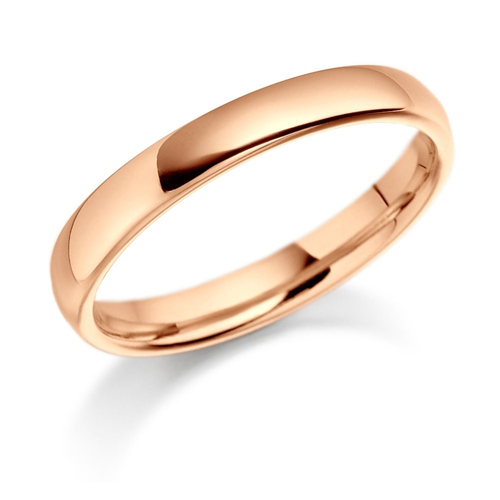3mm 10K 14K 18K Solid Rose Gold Wedding Bands, Shiny Finish Plain Dome Mens & Womens Rings, His & Hers Comfort Fit
