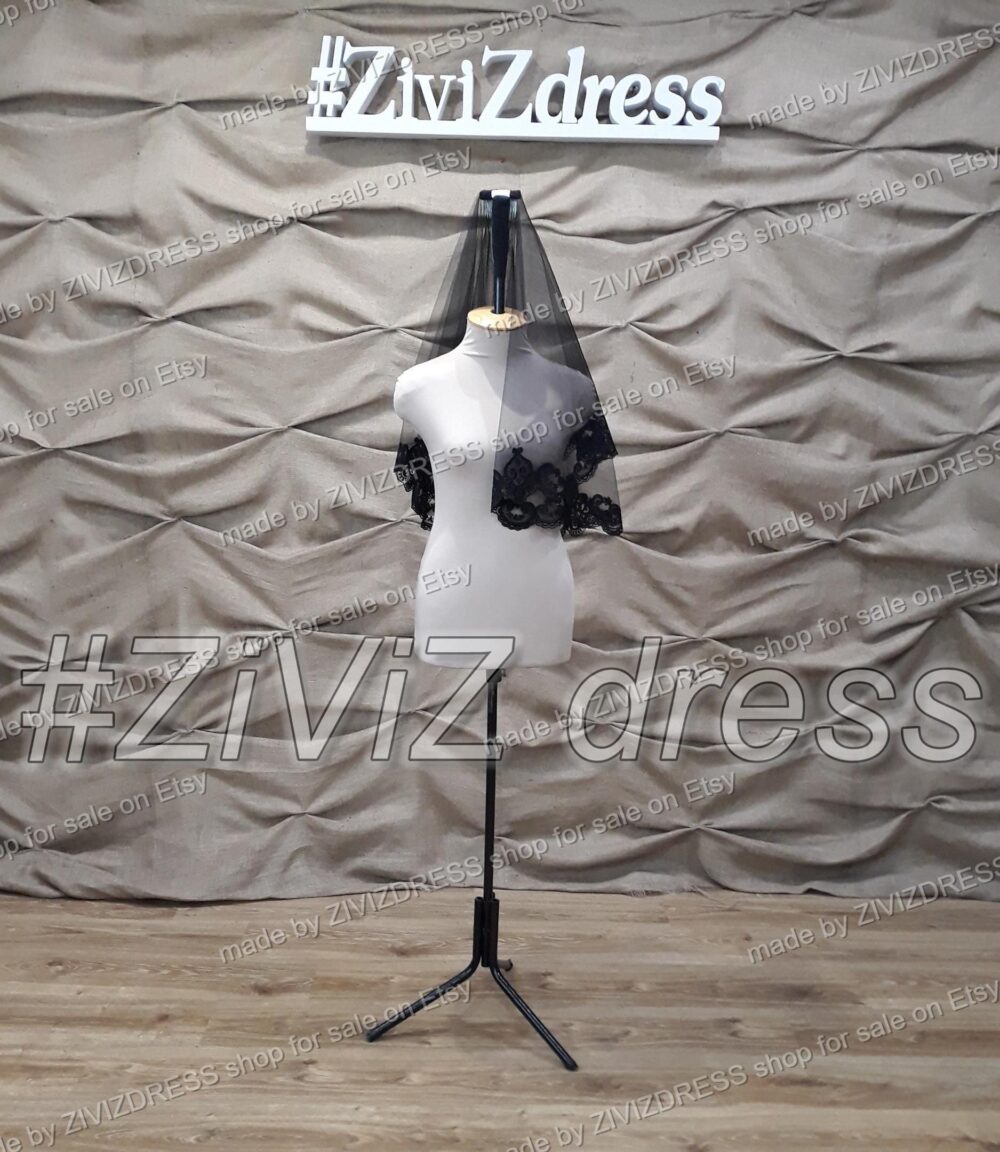 Black Gothic Lace Wedding Veil Two Tier Fingertip Veil