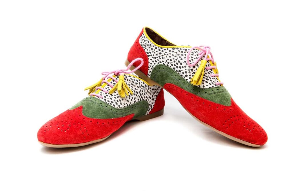 Women's Oxford Shoes, Red & Chartreuse Green Ballet Flats, Leather Handmade Print Shoes