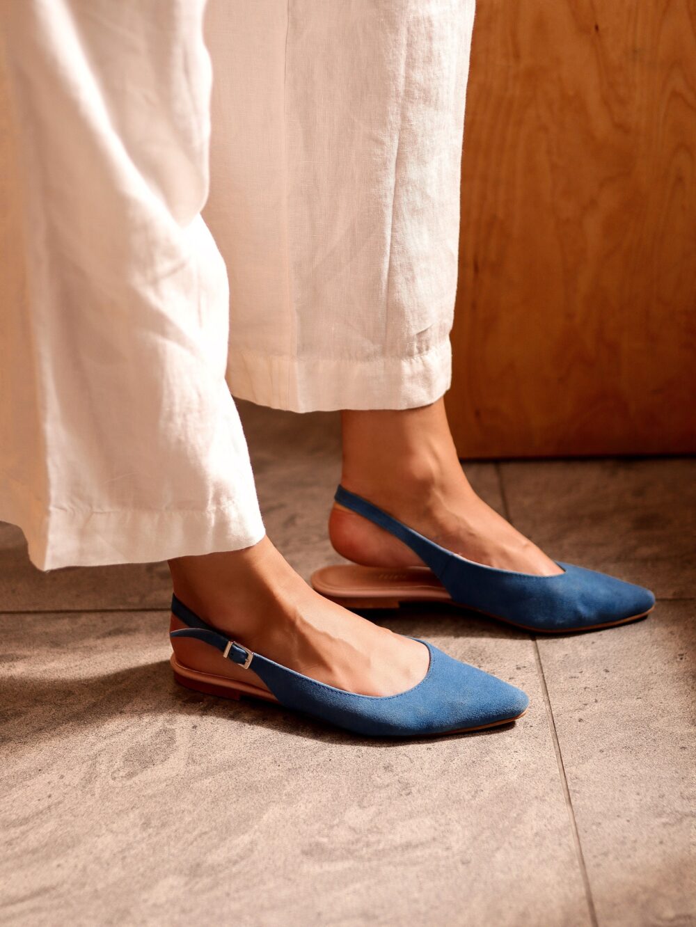 Handmade Blue Denim Suede Ballerina Shoes, Ballet Flats, Leather Shoes, Womens Slingback Flats