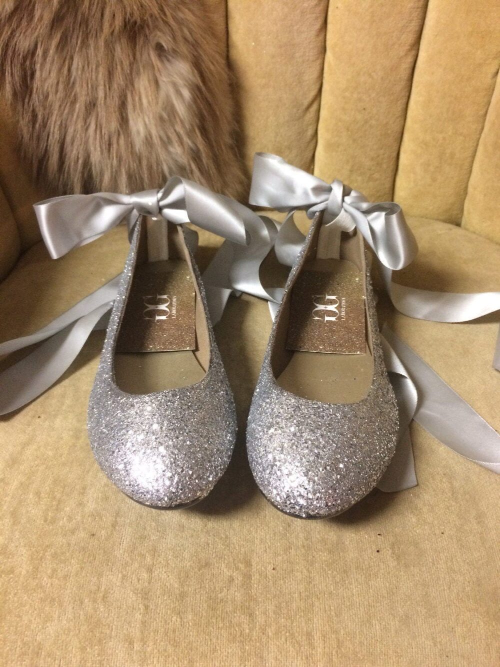 Silver Glitter Lace Up Ballet Flats. Custom Made To Order. Womens Sizes Only