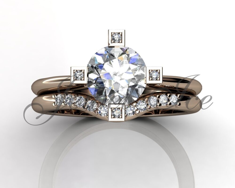 14K Rose Gold Engagement Ring & Wedding Band Set, Bridal Set Er-1150-3