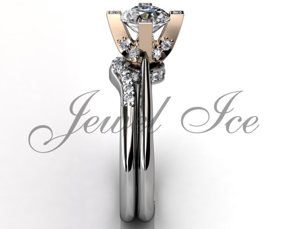 14K White & Rose Gold Engagement Ring Wedding Band Set, Bridal Set Er-1150-5