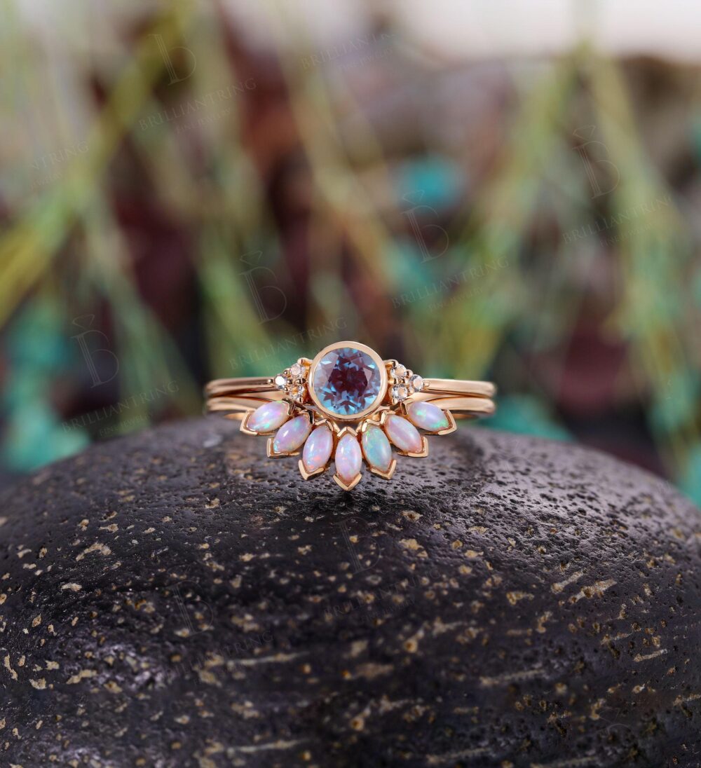 Vintage Alexandrite Engagement Ring Set Marquise Opal Curved Wedding Rings Rose Gold Art Deco Topaz Bezel Anniversary Bridal