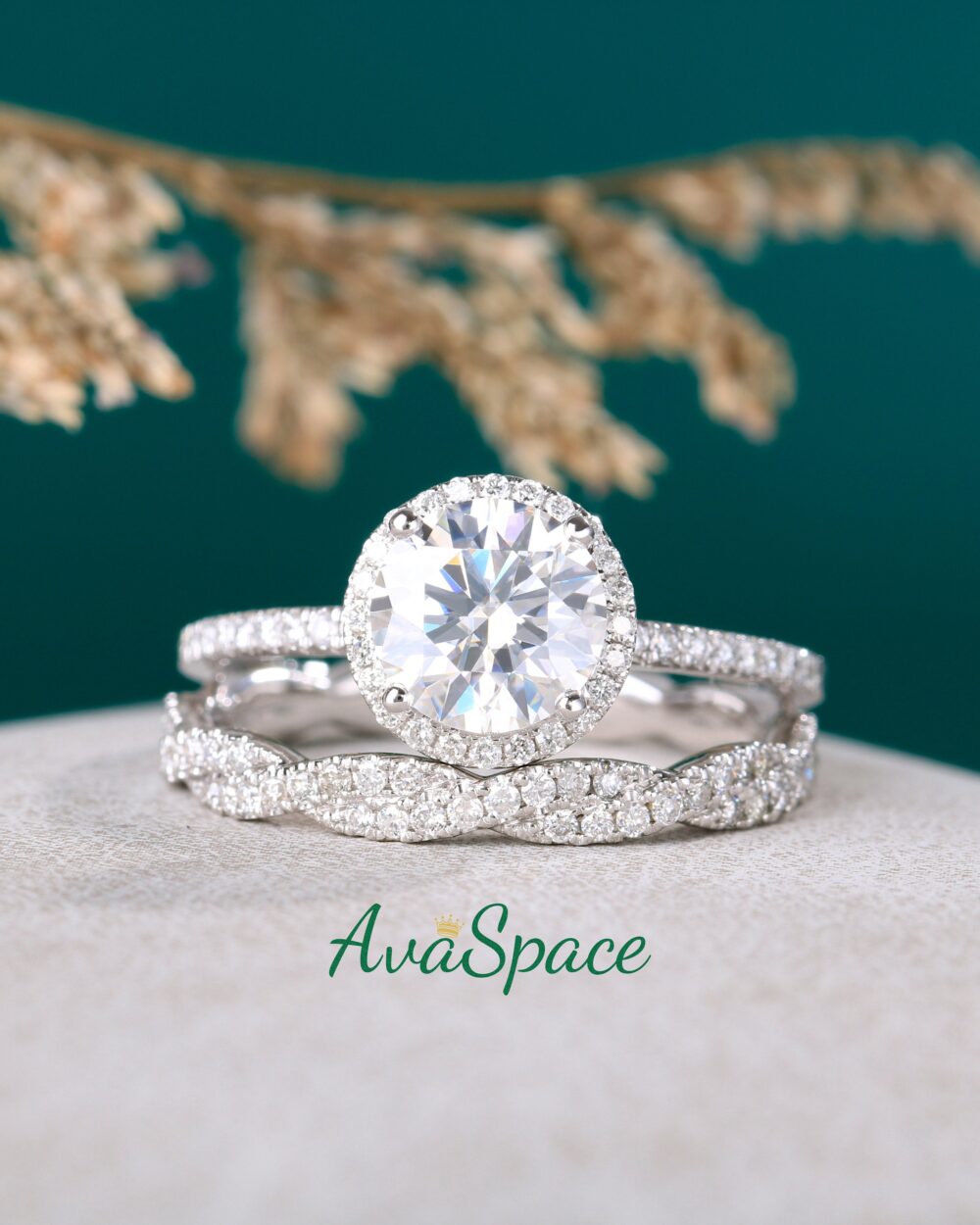 Moissanite Engagement Ring Set White Gold 7mm Twist Bridal Diamond Wedding Band Rings For Women Art Deco Promise