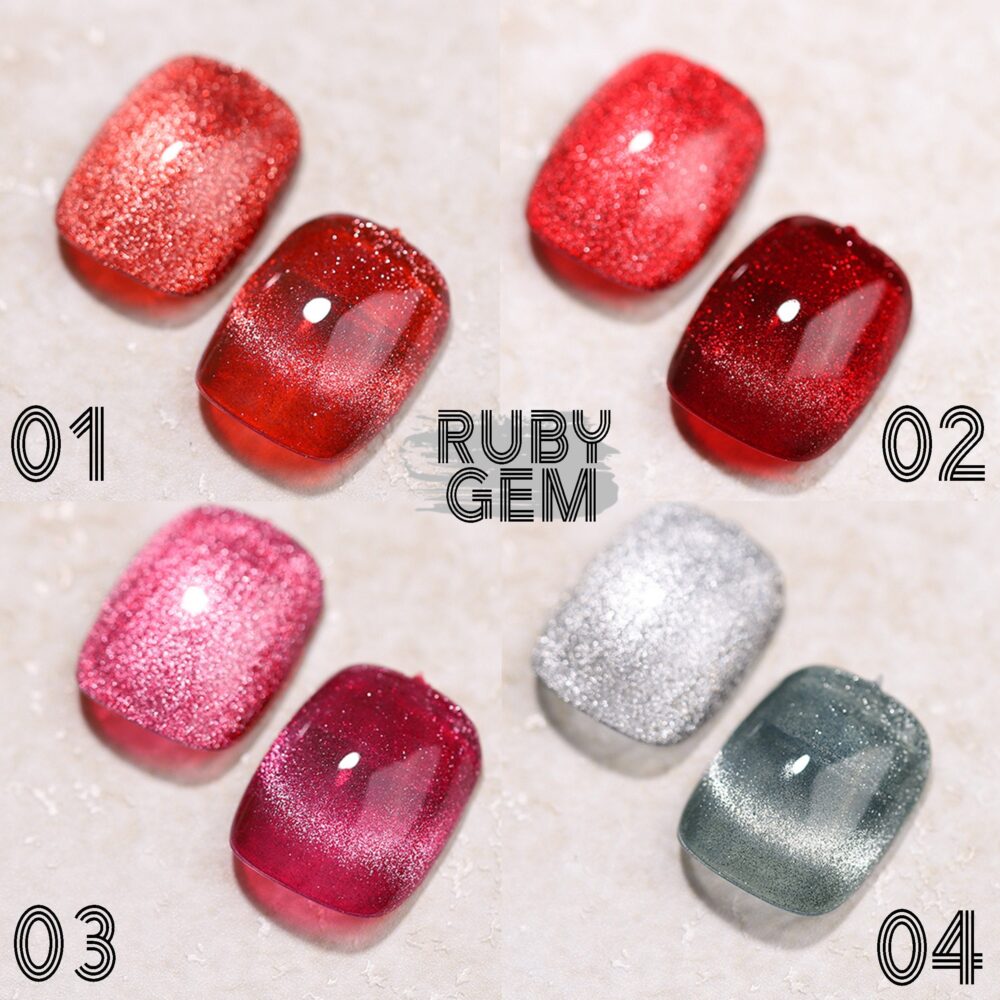 Ruby Gem Set Gel Nail Polish 8Ml 4 Colors | Soak Off Uv/Led Gel Red Diamond Sparkly Magnetic Stick Required For Cat Eye Effect