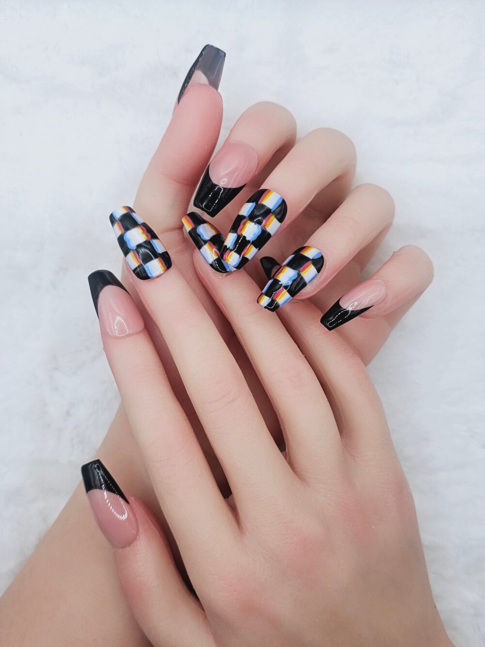 Finish Line | Black French Tip & Checker Board Design Press On Gel Nails