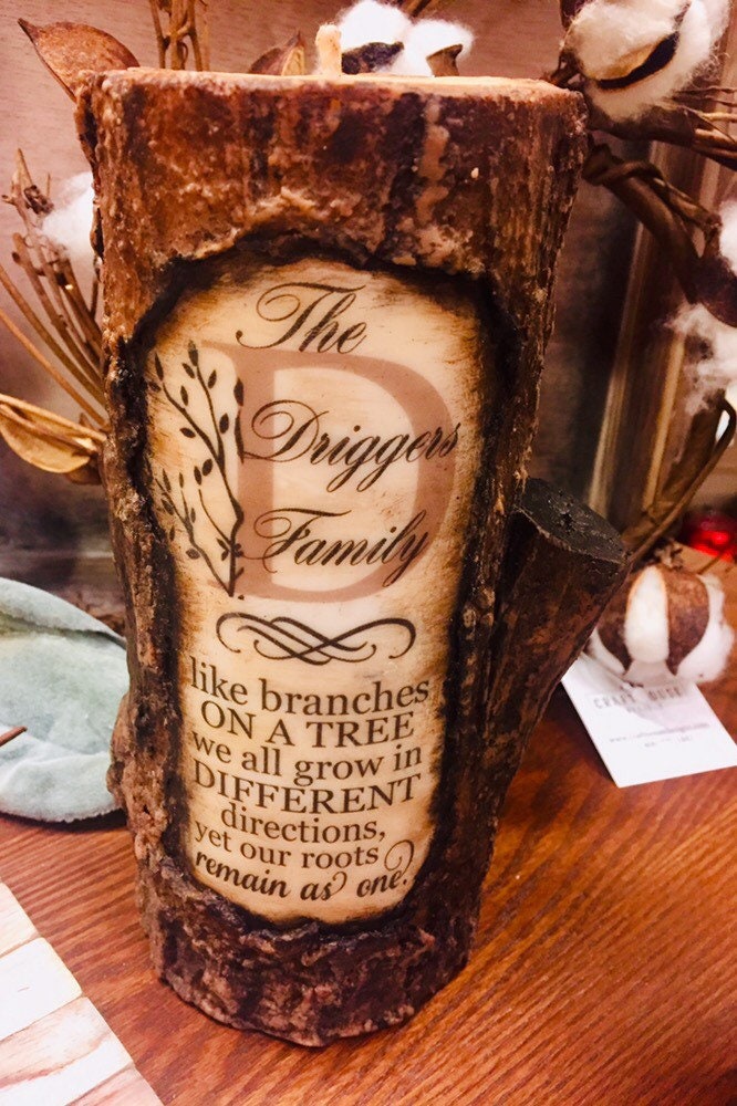 Candle~Personalized Family Tree Log Carved Custom Gift~Rustic Decor~Perfect Gift Farm House Decor ~ Reunions Mother's Day