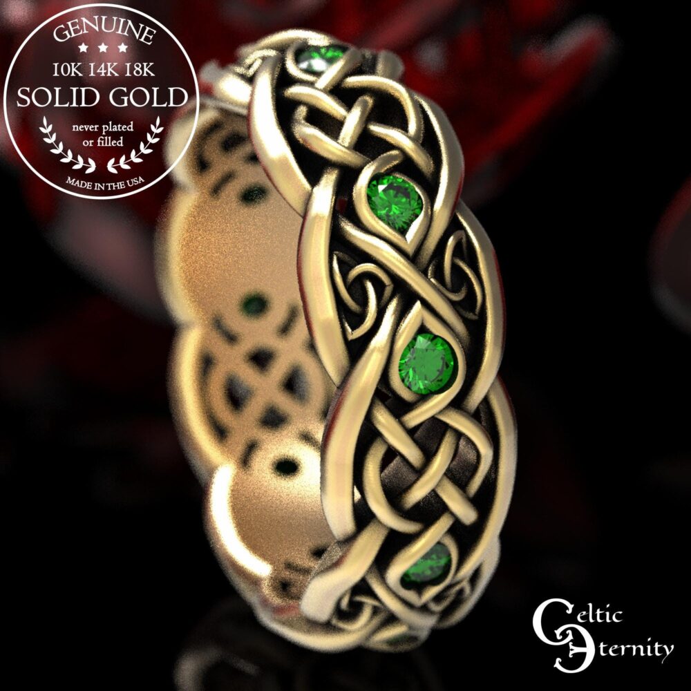 Infinity Wedding Band, Gold Emerald Wedding, Celtic Ring, Platinum 1052