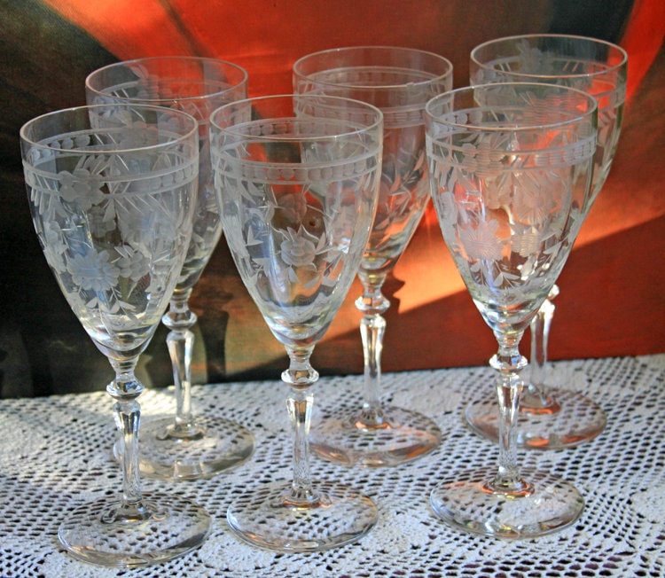 Vintage Crystal Water Goblets. Or Wine Serving Glasses. Etched Floral Etch, Band At Rim. Six Bar Ware