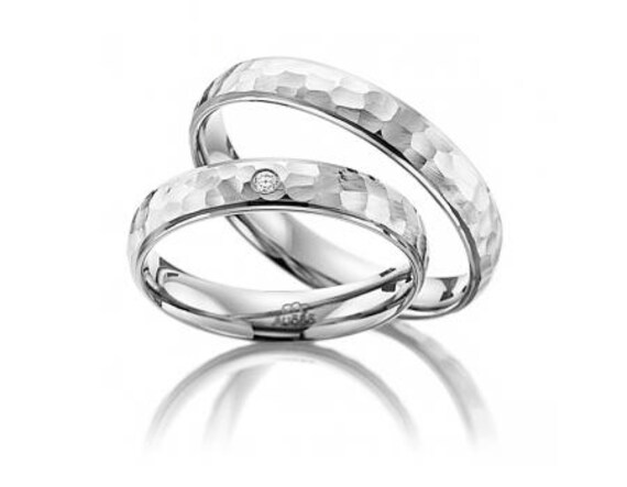 His & Hers Wedding Bands, Matching Rings Set, 4mm 10K 14K 18K Solid White Gold Hammered Finish Diamond Bands