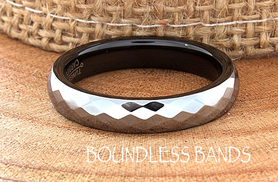 Tungsten Wedding Band White Faceted Diamond Cut High Polished 4mm His Hers Black Mens Womens Ring Set Custom Engraved Anniversary Two Tone
