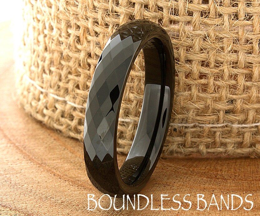 Tungsten Wedding Band Black Faceted Diamond Cut High Polished 4mm His Hers Mens Womens Ring Set Custom Engraved Anniversary New