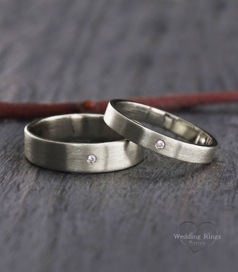 Diamond Silver Wedding Band Set, Simple Rings, His & Hers Bands, Classic Rings Matte Ring His Her