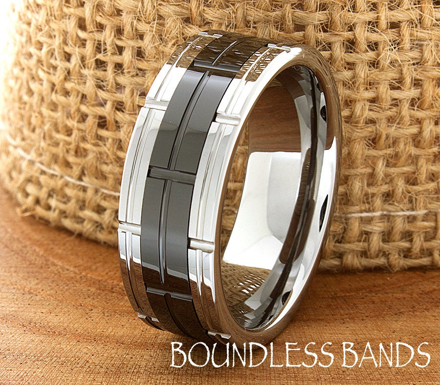 Tungsten Wedding Bands Mens Ring Band 8mm Anniversary His Hers Set Flat Brick Pattern Laser Engraved Classic New