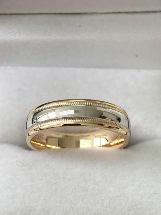 Platinum & 18K Yellow Gold Mens Wedding Band, Platinum Ring, Two Tone Bands, Shiny Finish Milgrain Ring