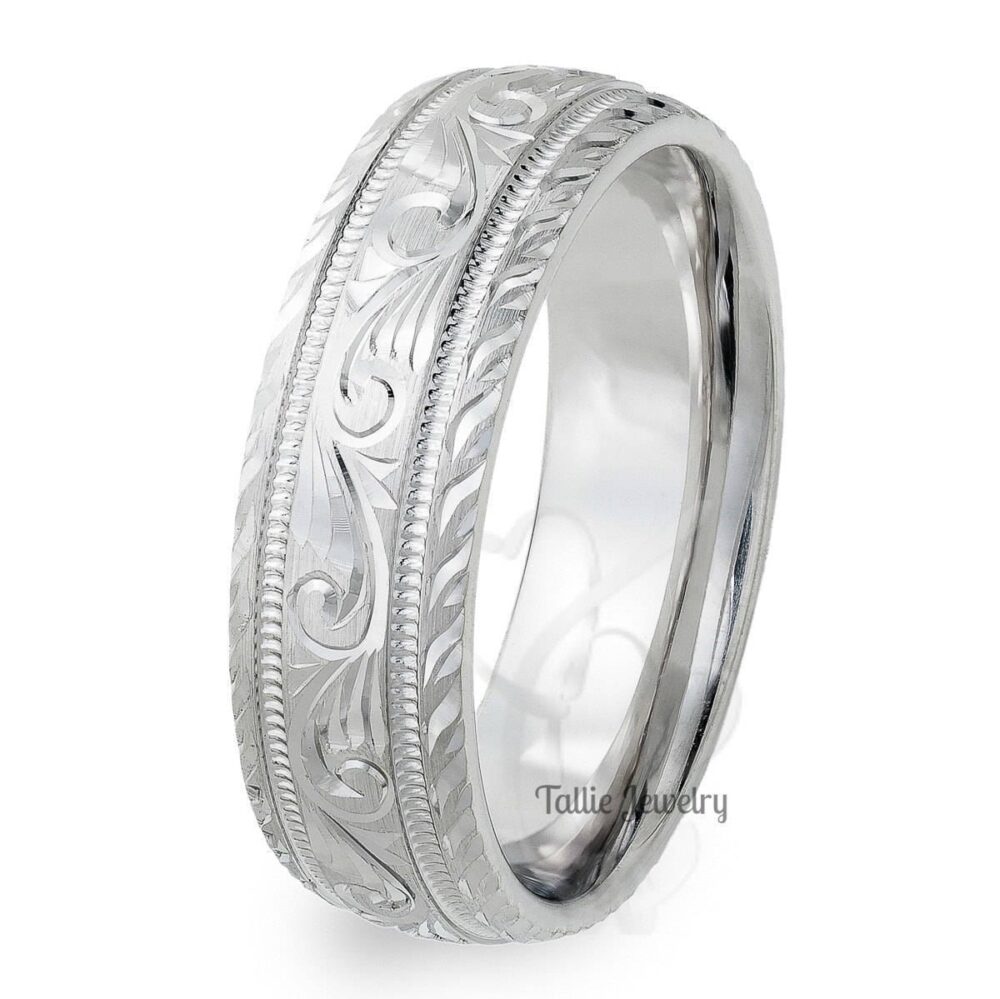 Platinum Hand Engraved Mens Wedding Bands, Rings, Band, Ring