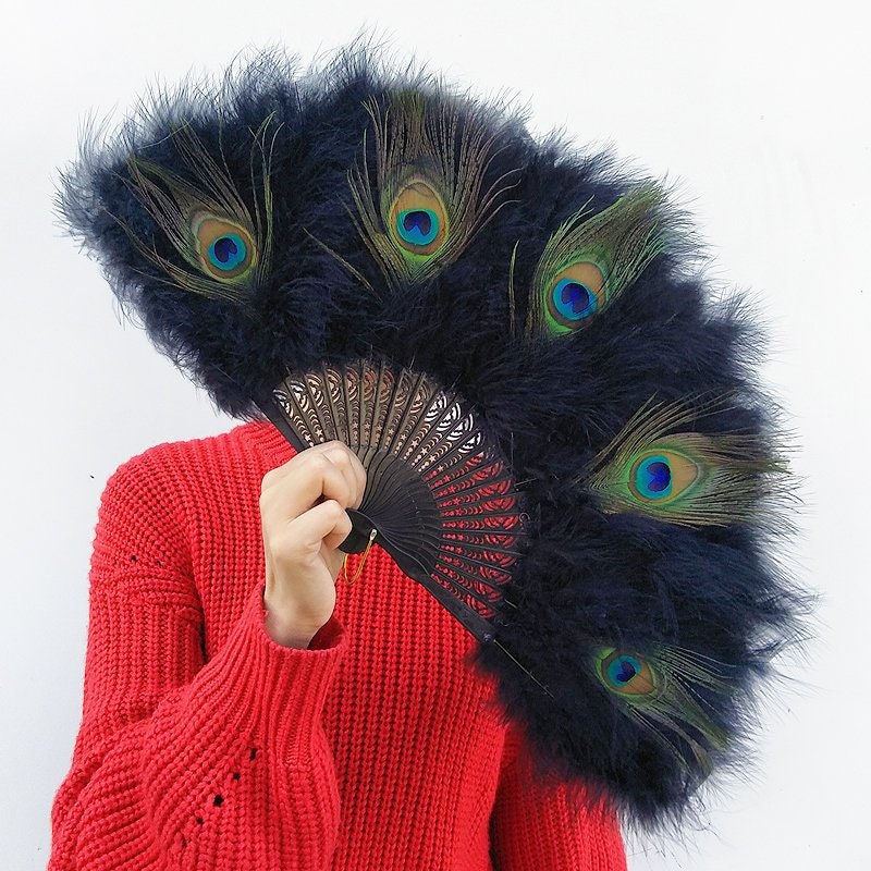 New Design Peacock Feather Hand Fans Black Marabou Fluffy Fluff Wedding Bridal Fan