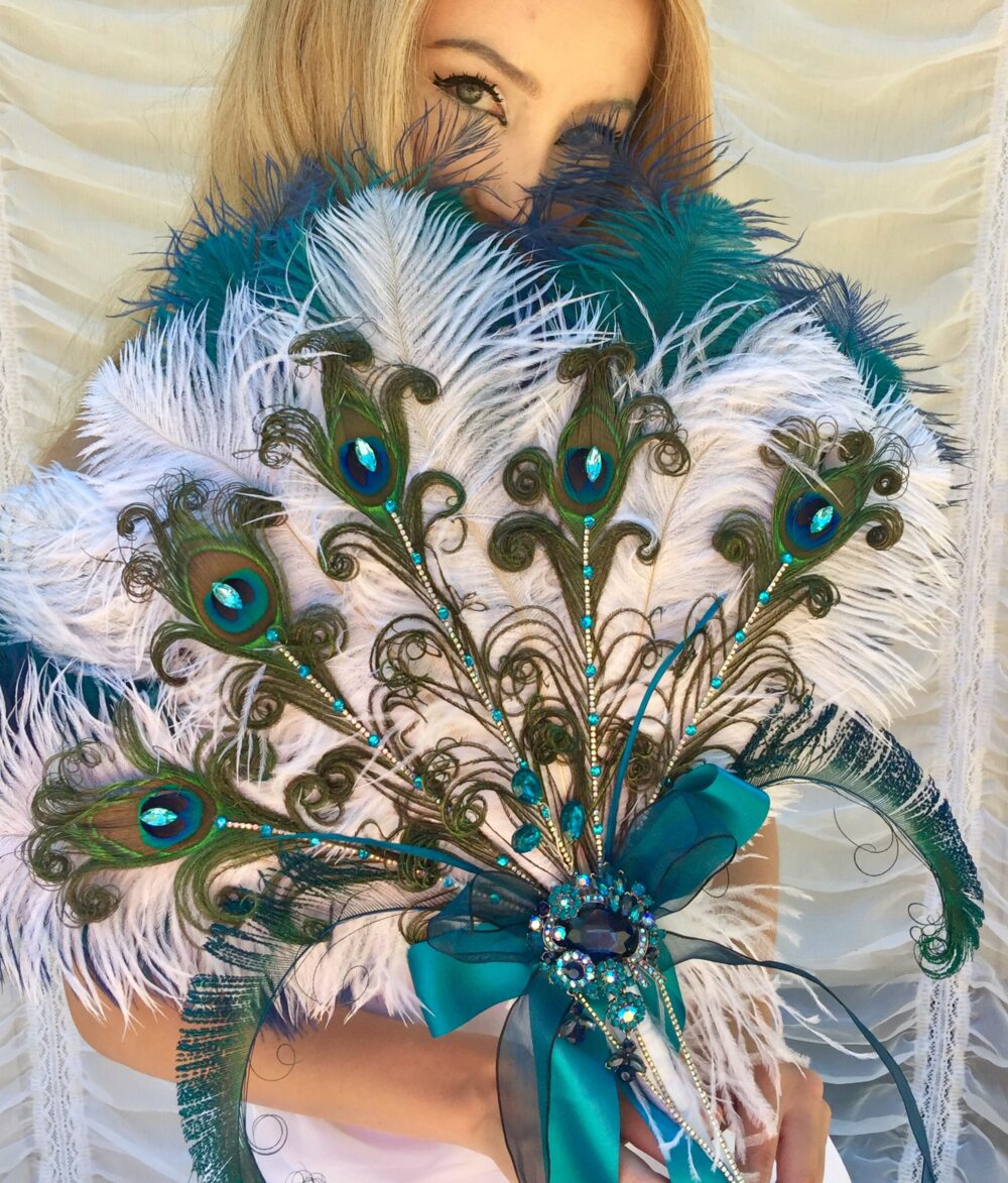 Bespoke Luxury Ostrich & Curled Peacock Feather Wedding Bridal Fan Bouquet With Jewels Crystals in Your Choice Of Colors