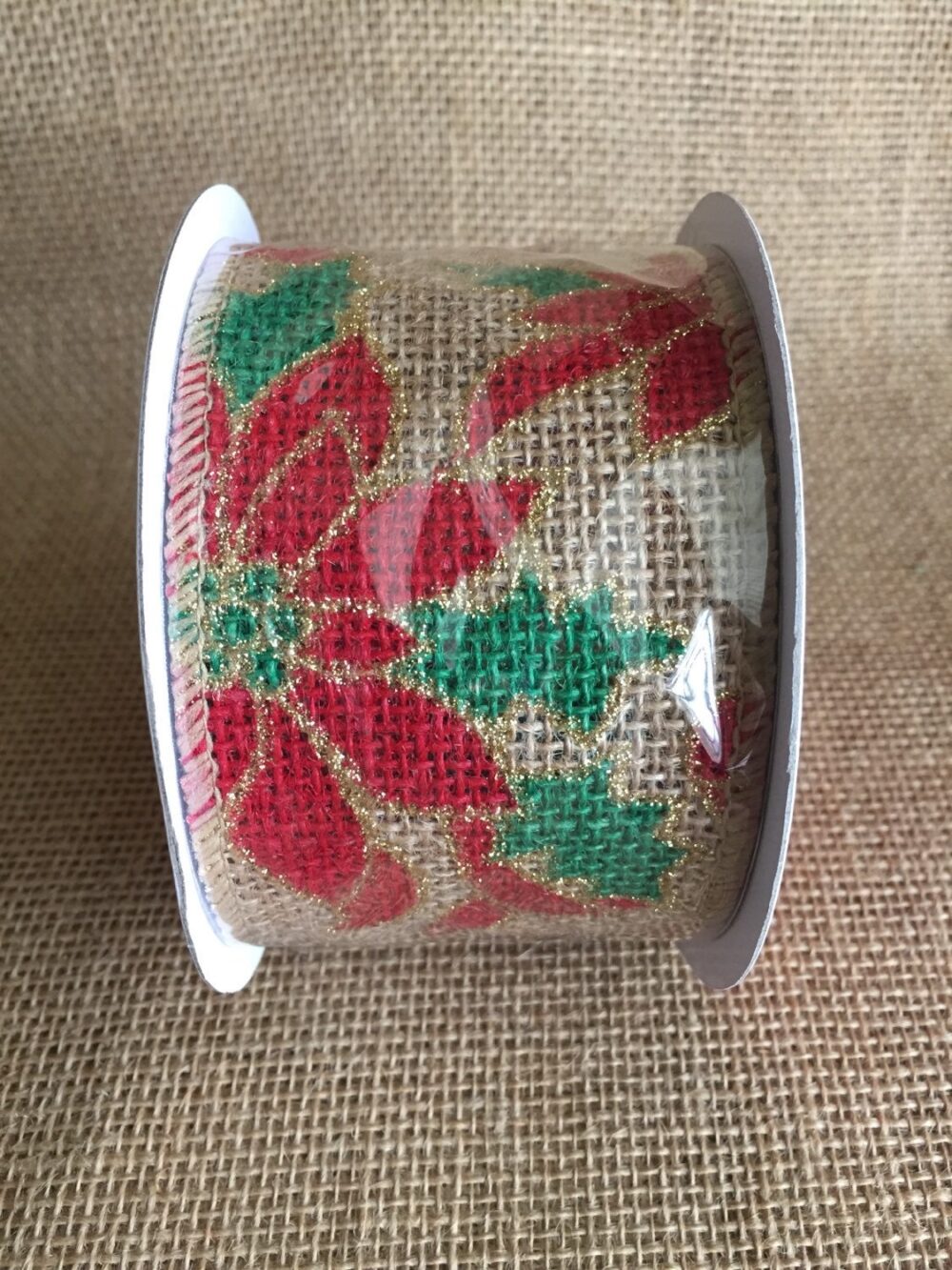 Red Poinsettia Burlap Ribbon 2.5" X 15Ft Christmas