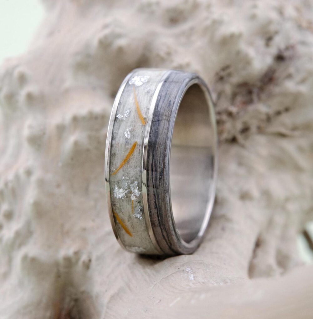 Men Titanium Wedding Band With Gray Poplar, Ring Poplar Ring, Dandelions